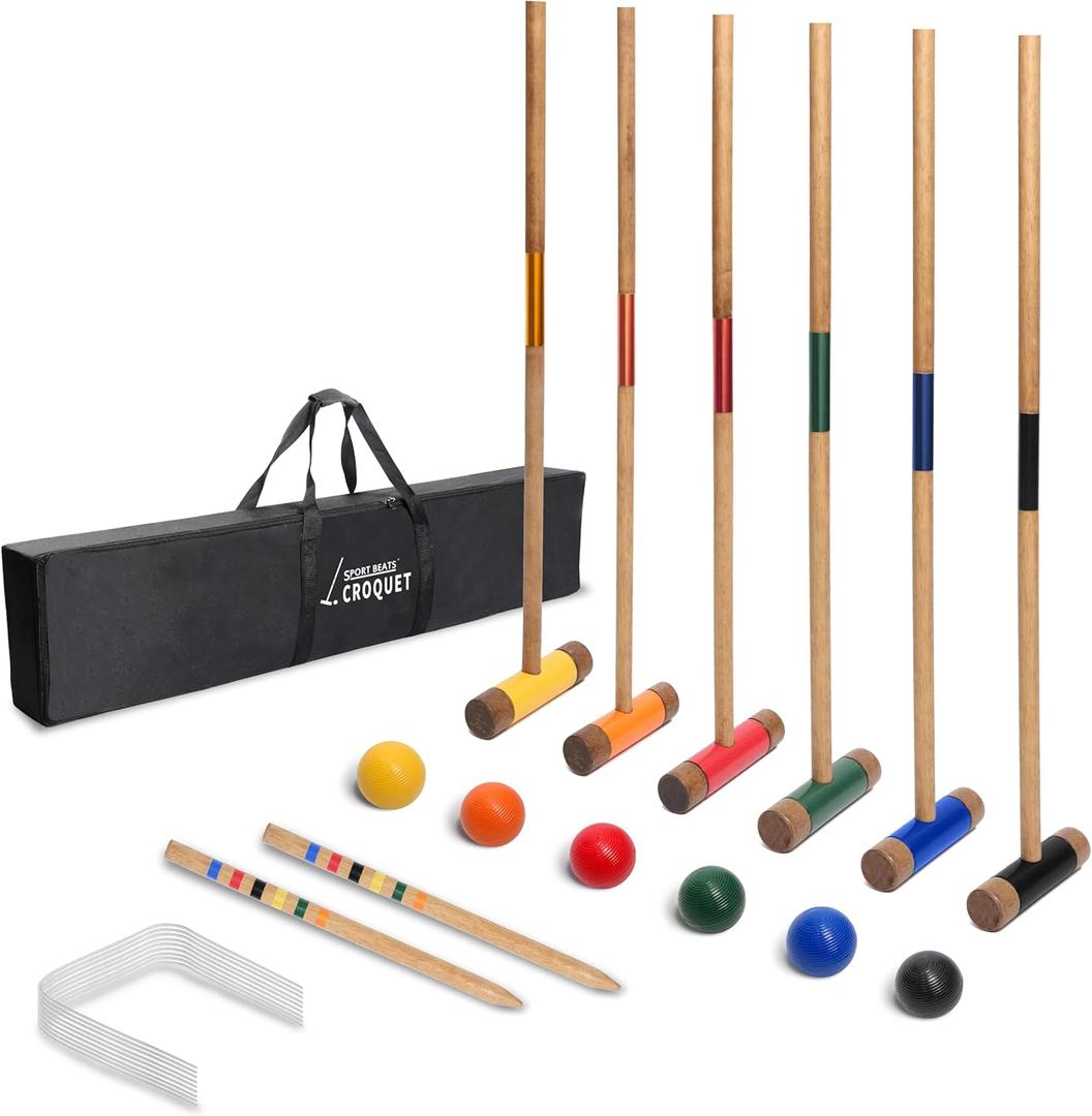 SPORT BEATS Six Player Croquet Set RubberWood 32 Inch Mallets with Carry Case, 6 Balls, 9 Wickets, 2 Stakes for Backyard Outdoor Games (Brown)