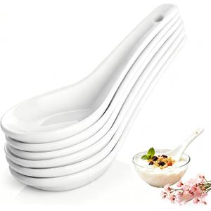 Soup Spoons Set of 6, Asian Ceramic Soup Spoons 5.3" Ramen Spoons Proper for Corelle Pho Miso Wonton Ramen Dumpling Macaron Dishwasher & Oven Safe