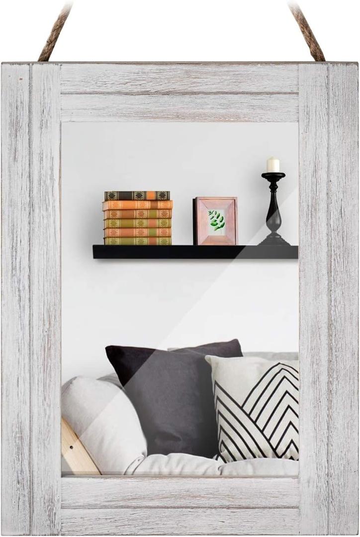 DECORKEY Rectangle Wall Mirror For Bathroom, Distressed White Wood Decor with Hanging Rope for Rustic Home Decor, Vanity, Living Room 12"16"
