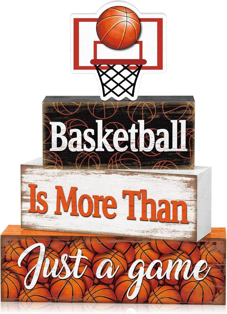 Briwooody 4 Pcs Basketball Decorations 2026 Sport Tiered Tray Decor Ball Wooden Sign Blocks Basketball Room Decor Farmhouse Table Centerpieces for Home Shelf Locker Bedroom Senior Night Party Gifts