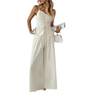 SOLY HUX Women's 2 Piece Summer Outfit Button Down Peplum Cami Top and Wide Leg Pants Set (Beige, L)