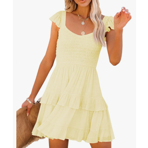 Women Summer Dresses Casual Boho Smocked Ruffle Sun Beach Babydoll Mini Dress Layered Flowy Swing Dress  Small