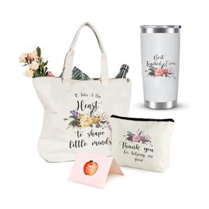 Teacher Tote Bag, Cream - Tote Bag Set for Women with 20oz Stainless Steel Tumbler, Cosmetic Bag, Greeting Card - Teacher Appreciation Gift
