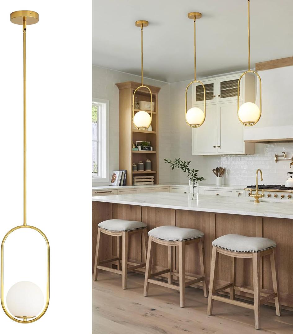 Yunnix Pendant Lights Kitchen Island, Pendant Light Fixtures, Modern Gold Globe Glass Pendant Lighting, Brass Mid Century Chandelier One Light for Bathroom Bedroom Dining Room(Bulb Not Included) (1pack)