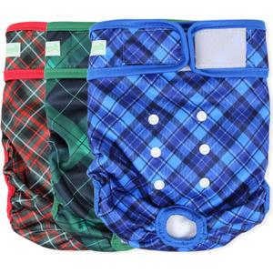 wegreeco Washable Dog Diapers (3 Pack), Highly Absorbent Dog Diapers for Female Dogs, Female Dog Diapers for Dogs in Heat, Incontinence, or Excitable Urination (Blue, Green, Red Plaid, L) (Large (15"-17" Waist))