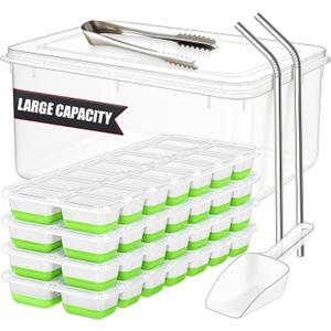 56pcs Ice Cube Tray with Lid and Bin Stackable 4 Trays Plastic Silicone Freezer Mold, Large Ice Bucket with Scoop, Tong & 2 SS Straws Easy Release Ice Maker for Cocktail, Coffee, RV, Whiskey