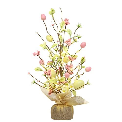 RoseCraft Easter Decorations, 18 Inch Pre-Lit Easter Egg Tree Tabletop Decor with Delicate Ornaments, for Home Party Wedding Holiday Spring Summer Decoration, Yellow/Pink.