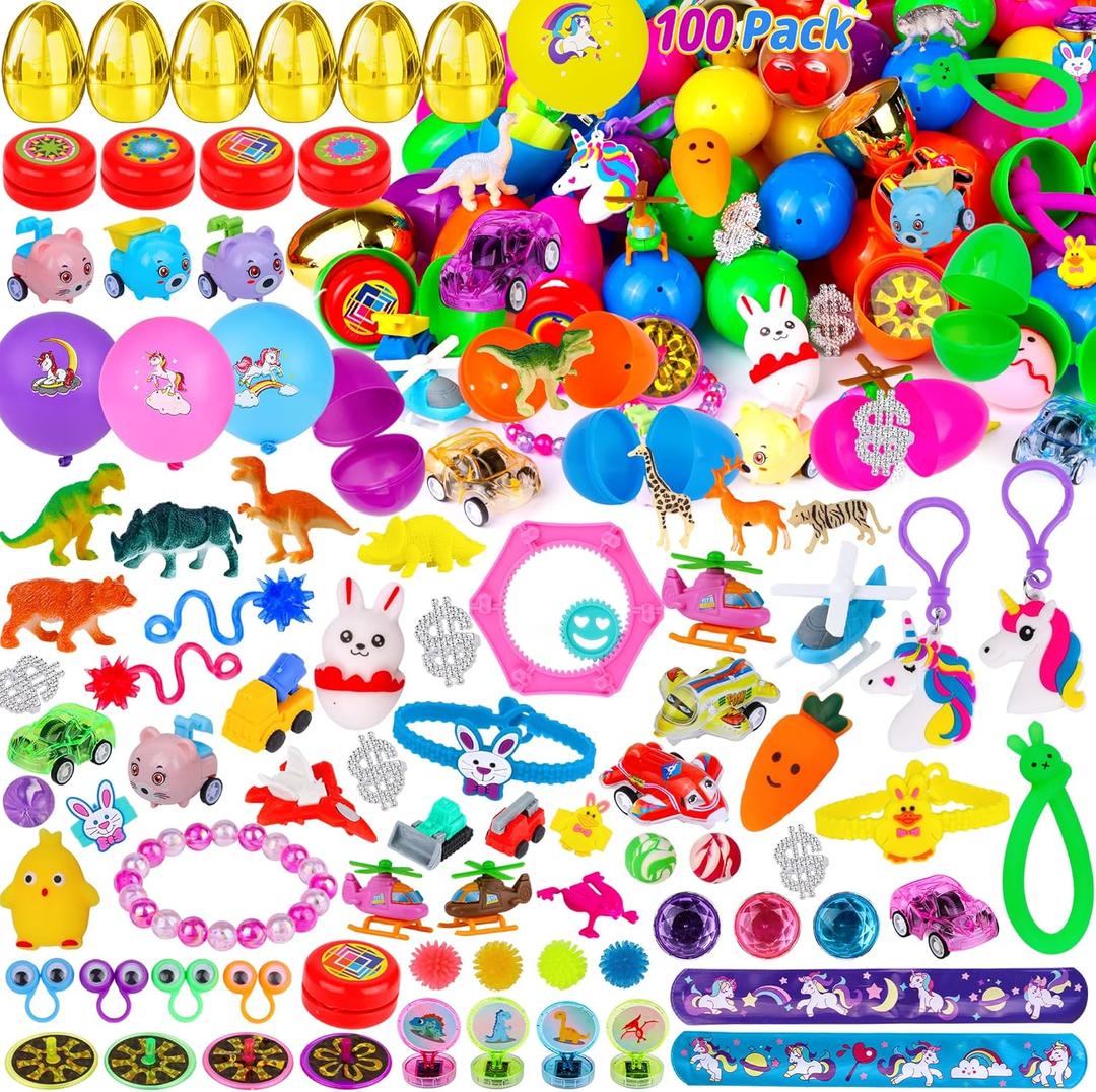100 Pack Prefilled Easter Eggs with Assorted Toys Inside 6 Surprise Golden Eggs, 100 Plastic Easter Eggs Fillers with Fidget Toys Easter Basket Stuffers Fillers Egg Hunt Party Favors for Kids Boy Girl