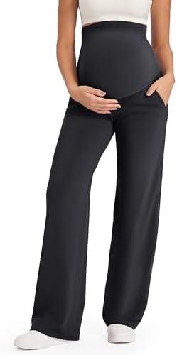G4Free Maternity Pants Over The Belly Yoga Dress Work Pregnancy Pants Stretchy Lounge Wide Leg Trousers with Pockets Medium