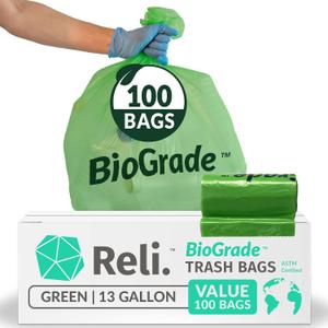 Reli. Biodegradable 13 Gallon Trash Bags | 100 Count | ASTM D6954 | Green | Eco-Friendly | Oxobiodegradable Under Certain Conditions 
