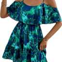 SOLY HUX Women's Summer Floral Mini Dress Cold Shoulder Ruffle Dresses (Green, L)