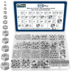 2 in 1 SAE & Metric Hex Nut Assortment Kit(510pcs),2#56 4#40 6#32 8#32 10#24 10#32 12#24 1/4-20 5/16-18 3/8-16 7/16-14 1/2-13 M2 M2.5 M3 M4 M5 M6 M8 M10 M12 304 Stainless Steel Nuts Set
