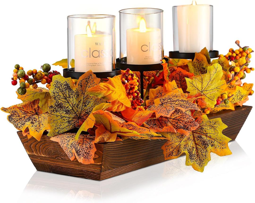 Fall Table Centerpiece Fall Thanksgiving Candle Holder with 3 Candle Holders and 3 Glass Cups, Artificial Maple Leaf Harvest Table Centerpiece with Pumpkins Berries