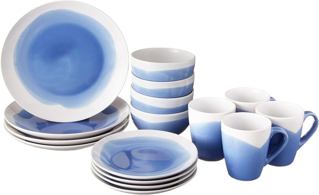 American Atelier Round Dinnerware Sets | Blue & White Kitchen Plates, Bowls, and Mugs | 16 Piece Stoneware Oasis Collection 10.5 x 10.5 | Dishwasher & Microwave Safe | Service for 4