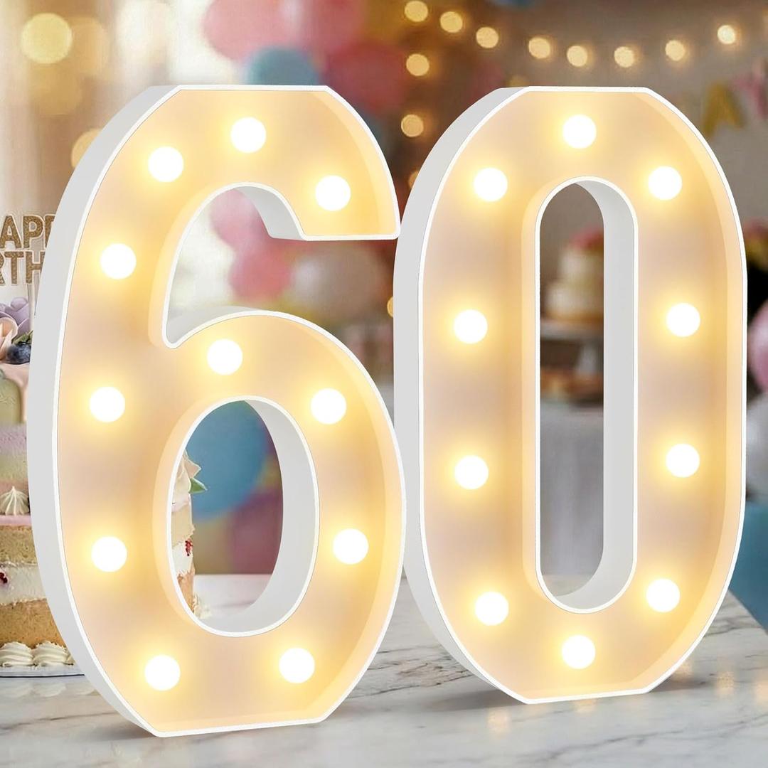 12.6 Inch LED Marquee Light Up Numbers 60, 60th Birthday Number Lights as Gifts for Women Men, Lighted Marquee Numbers for Anniversary Party Night Light Table Decorations