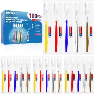 Navona 100 PCS Travel Toothbrush and Toothpaste Set, Travel Toothpaste, Bulk Toothpastes, Individually Wrapped Bulk Toothbrush, Ergonomics Handle,Medium Soft Bristle, Perfect for Hotel