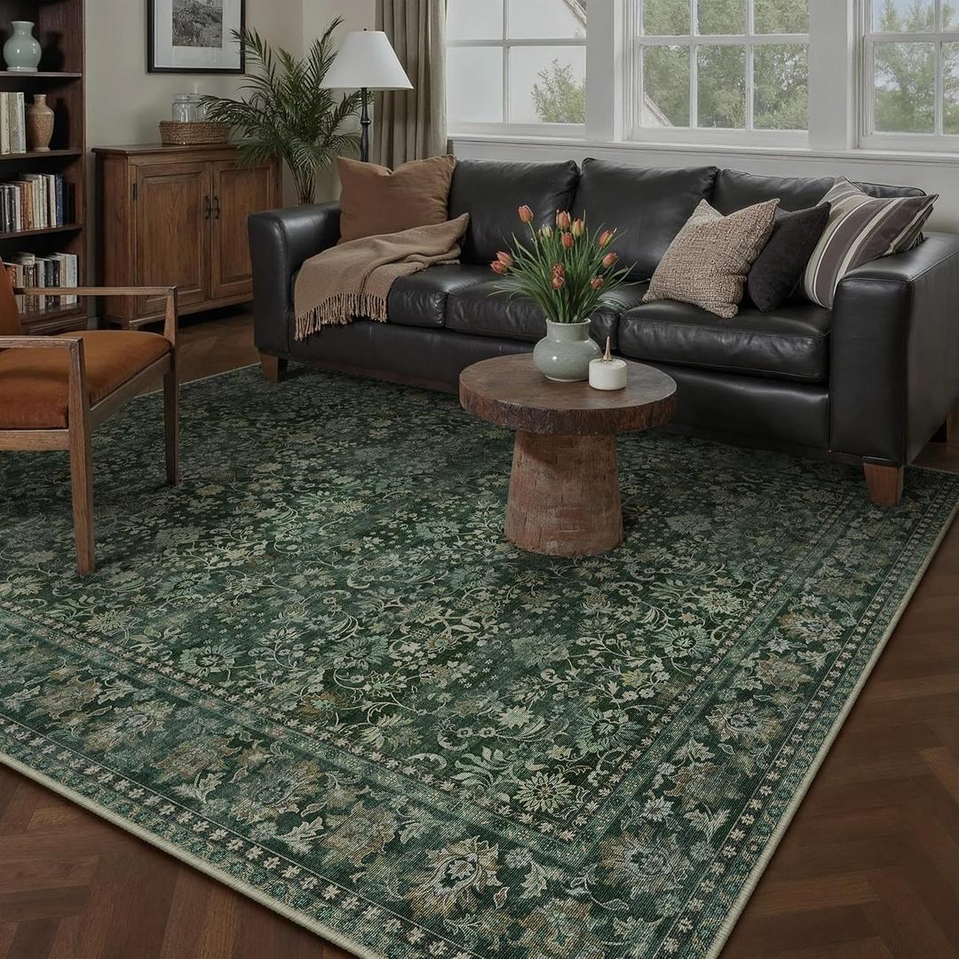 HUGEAR 5x7 Machine Washable Rugs Dark Green Hallway Area Rug Indoor Accent Rug Floral Low Pile Carpet Soft Throw Aesthetic Rug Bedroom Living Room Office Dining Room Kitchen Laundry Room Non Slip