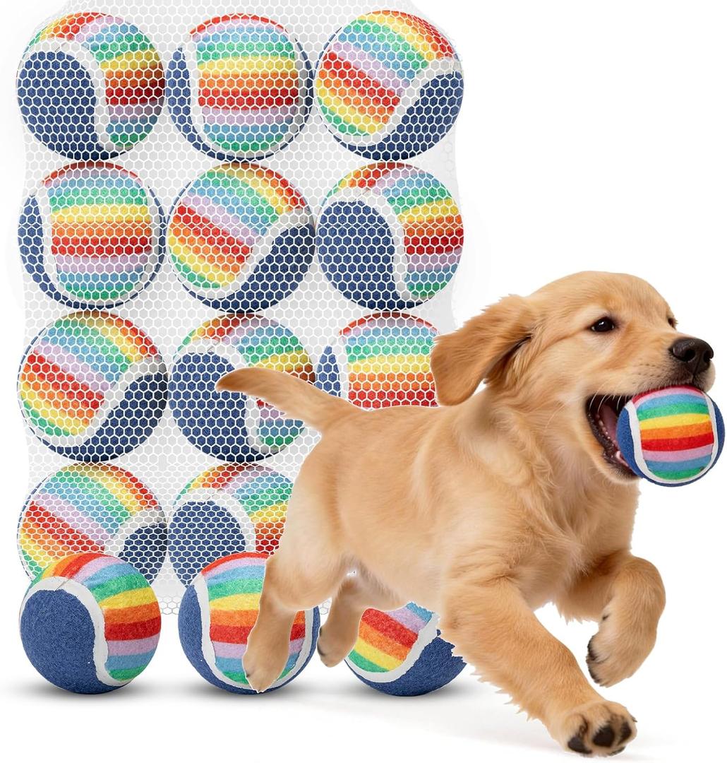 Nobleza Squeaky Tennis Balls for Dogs, 12 Pack 2.5" Floatable, Small Medium Dogs, Training, Natural Rubber, Rainbow