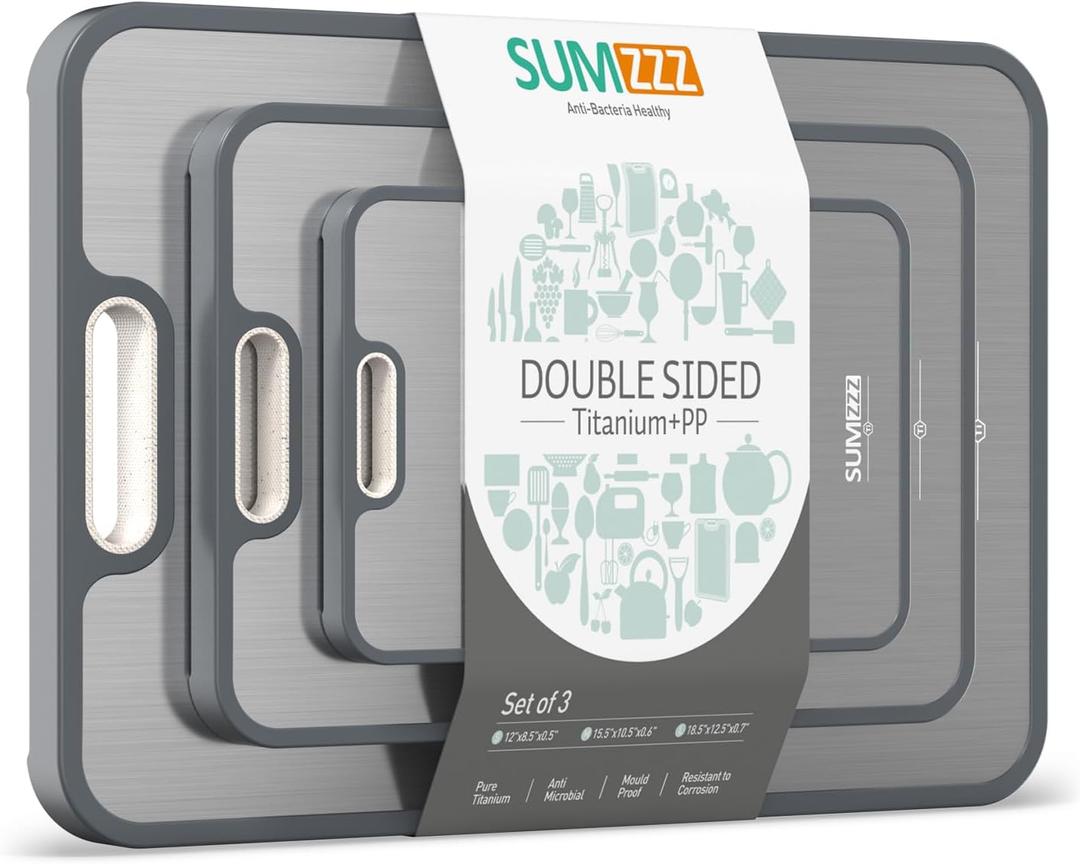 Titanium Cutting Board, Double Sided Food Grade Pure Titanium/PP, Cutting Board for Kitchen, Easy to Clean Large Size [18*12.5+15.5*10.5+12*8.5] (Silver)