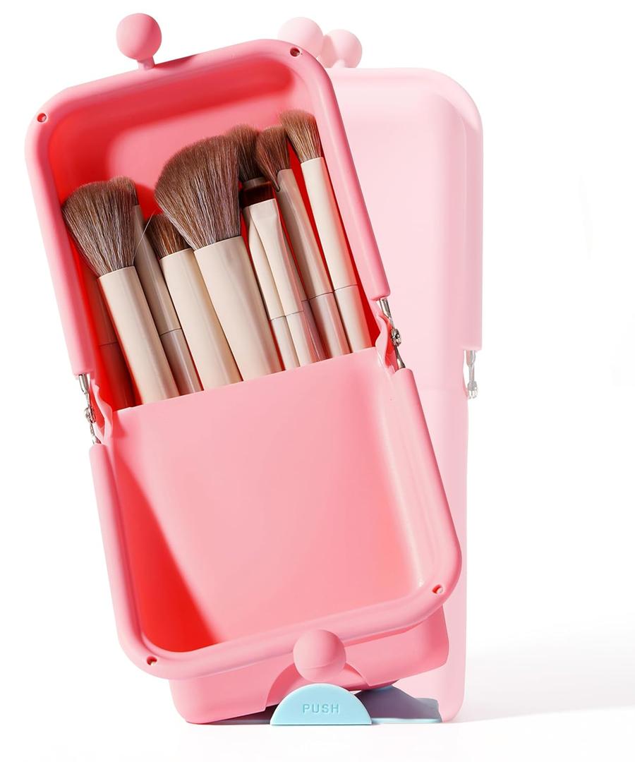 APT 1101 Makeup Brush Holder Travel Cosmetic Bag with Suction Base, Portable Cosmetic Organizer for Travel & Home, Organizer for Brushes, Beauty Tools & Accessories (Coral)