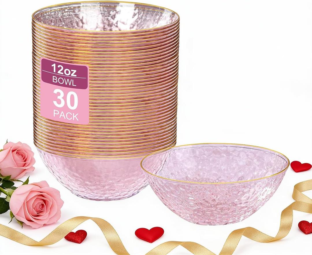 I00000 30 Pack 12 Ounce Pink Plastic Bowls Hammered Clear Bowl with Gold Rimmed, Heavy Duty Disposable Bowl Set,Elegant Salad/Dessert/Ice Cream Small Bowls for Valentine's Day Party, Weddings