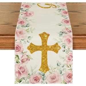 Artoid Mode Pink God Bless Girl Baptism Baby Shower Table Runner, First Holy Communion Christening Holiday Kitchen Dining Table Decoration for Home Party Decor 13x36 Inch