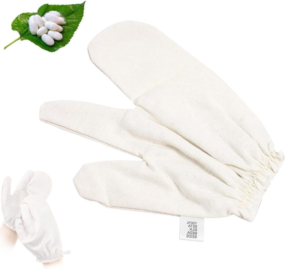 2 x 1PC Silk Gloves for Dry Brushing,Bath Glove Raw Silk Massage Gloves Ayurvedic Massage to Reduce Cellulite - Spa Quality Bathing Accessories for Skin Care & Lymphatic System Care (White)