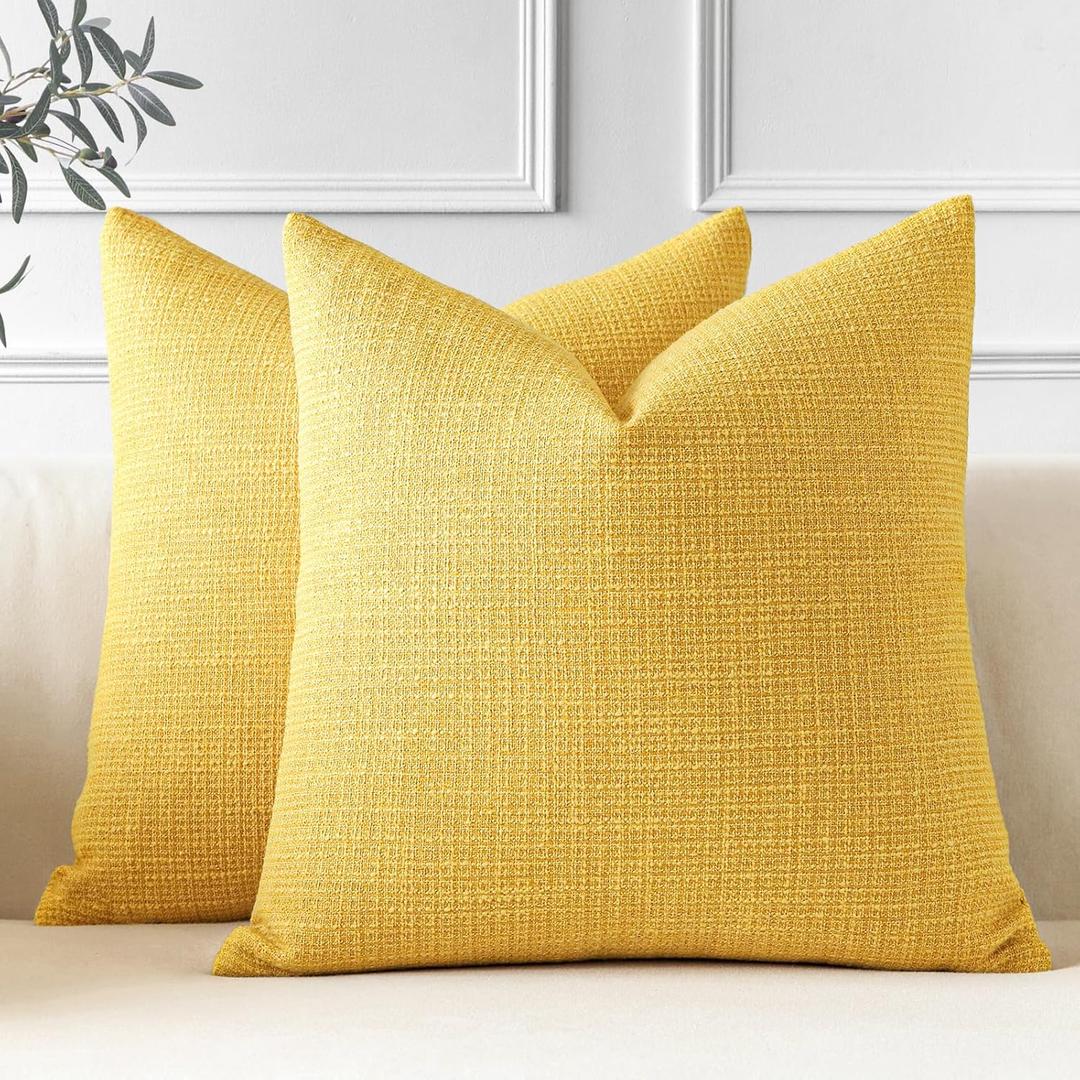 OTOSTAR Pack of 2 Throw Pillow Covers 18x18 Inch Linen Yellow Pillowcases Farmhouse Decorative Solid Pillow Covers 45x45 cm Square Cushion Case for Home Decor Sofa Couch Bed (Yellow)
