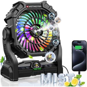 Misting Fan Portable with RGB Lantern, 30000 mAh Rechargeable Camping Mist Fan with Emergency Hurricane Supplies, Perfect Cooling Mister for Outdoor Travel (Black)