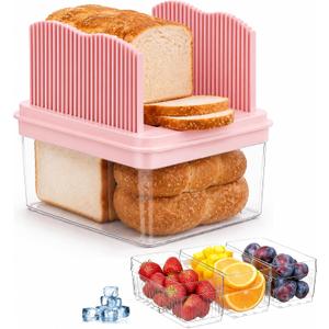 Bread Box with Slicer & Ice Chilled Condiment Caddy, Portable Airtight Bread Storage Container with Lid Handle for Kitchen Counter, Bread Keeper for Homemade Bread,Toast, Bagel, Cookies, Pink