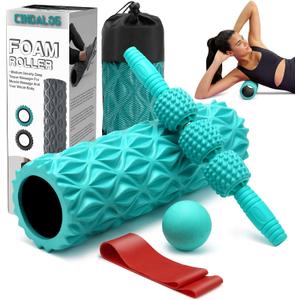 5 in 1 Foam Roller Set - Trigger Point Foam Back Roller, Muscle Roller Stick, Massage Ball, Stretching Band for Deep Muscle Massage Pilates Yoga,Fitness Exercise for Whole Body Release (Blue-green)