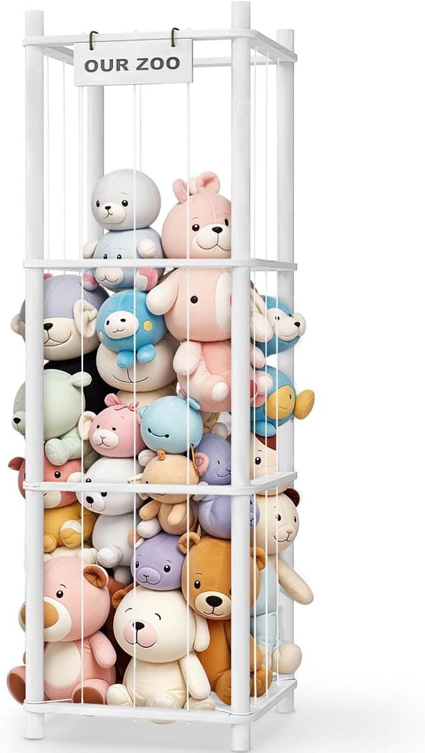 Woodure Stuffed Animal Storage & Organizer, Wooden Cute Zoo Toy Holder for Toddler Rooms, Playrooms & Bedrooms White