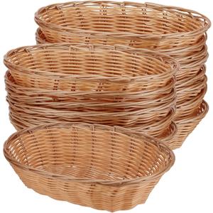 HOZEON 15 Pack Plastic Oval Basket, 11 x 7.87 x 2.8 Inches Wicker Bread Basket, Food Storage Fruit Serving Basket for Kitchen, Restaurant, Light Brown
