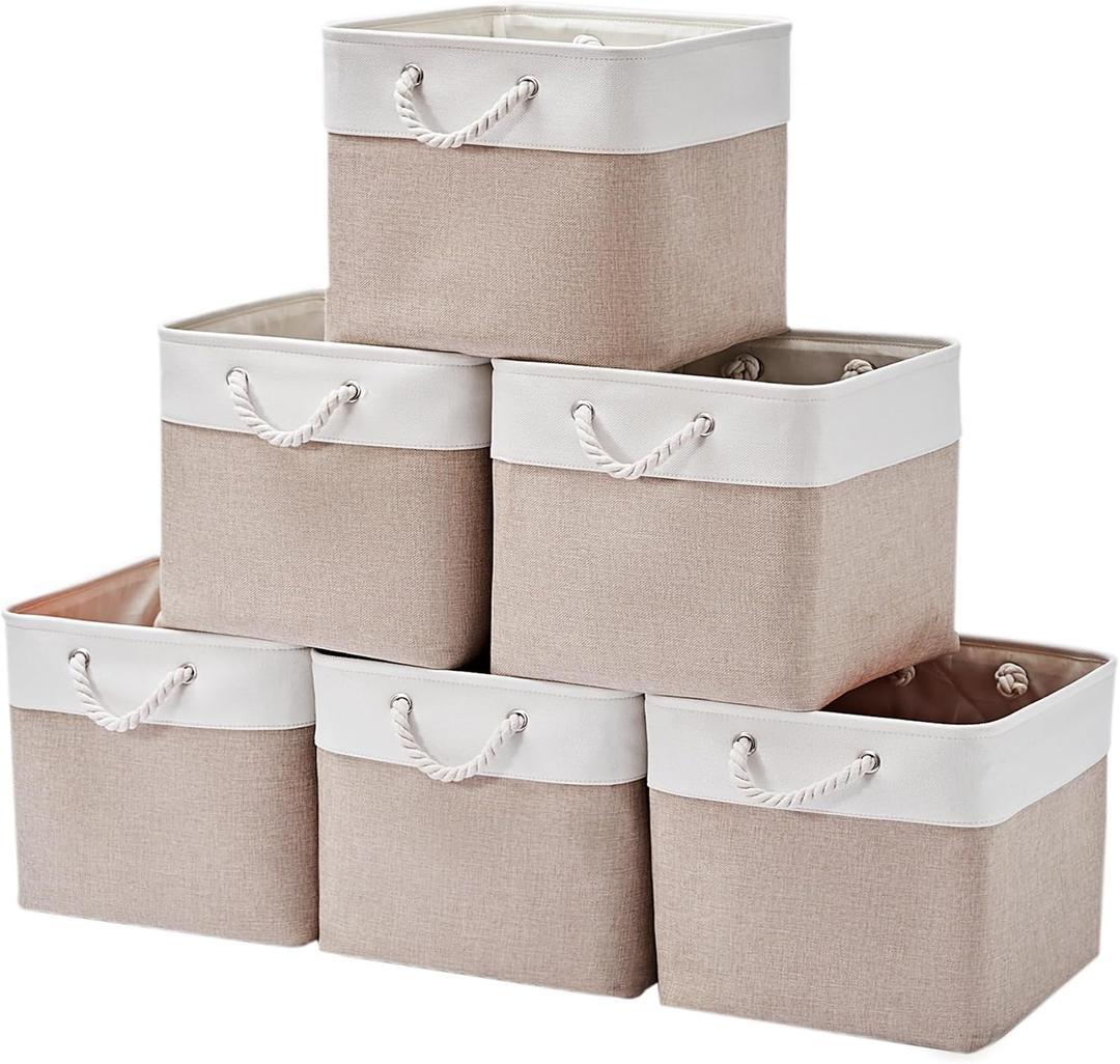 131513 Inch Storage Cubes,6 Pack Cube Storage Bins for Shelves,Fabric Collapsible Storage Bins with Handles, Foldable Storage Basket for Organizing Clothes,Books (White&Beige,13"x15"x13")