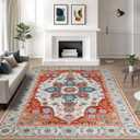 WILLSUN Washable Area Rugs, 6x9 Non-Slip Boho Large Area Rugs for Living Room, Bedroom, Machine Washable Vintage Rug, Indoor Floral Print Carpet for Home Decor, Kid & Pet Friendly Mat (Orange)