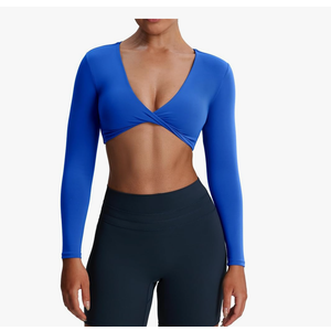 Aoxjox Long Sleeve Crop Tops for Women Sienna Twist Deep V Workout Cropped T Shirt Top S