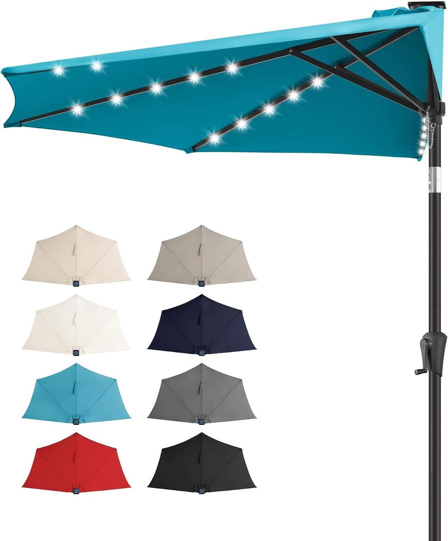 FLAME&SHADE 9 ft Solar Half Patio Umbrella with Lights, Aqua Blue | 25 LED Lights, UV Protection, Half Round Umbrella Outdoor for Balcony, Pool, Porch, Garden, Deck, Provides Evening Lighting
