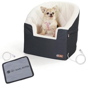 K&H Pet Products Bucket Booster for Small & Medium Dogs - Washable Heated Car Seat with Safety Leashes - Charcoal/ Cream