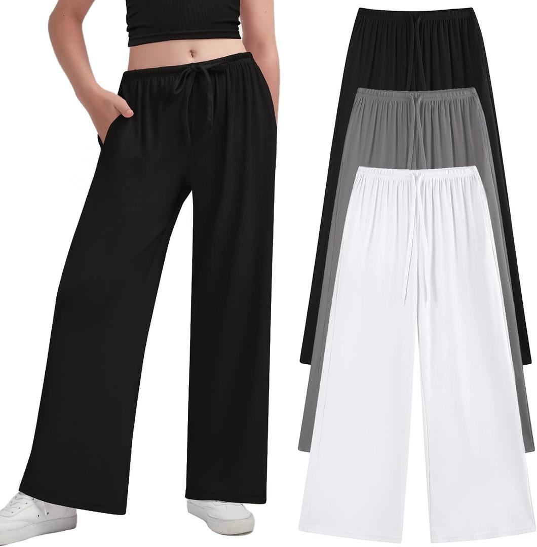 EXARUS 3 Pack Girl's Loose Straight Leg Baggy Cute Sweatpants with Drawstring Elastic Waist Wide Leg Casual Back to School for Teen 12Y Black/ Grey/ White