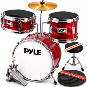Pyle Kids Drum Set, 3 Piece Beginner Junior Drummer Kit with 13" Bass Drum, Snare, Tom, Cymbal, Adjustable Throne, Mutes, Drumsticks, Red