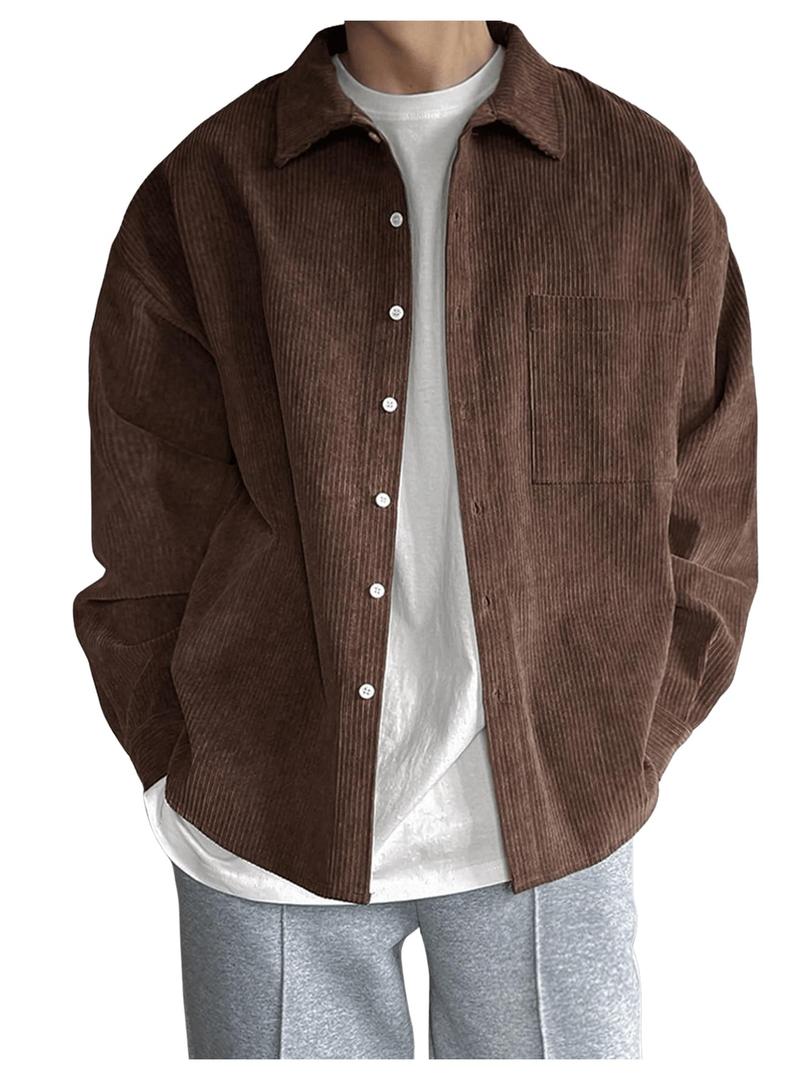 RoseSeek Men's Corduroy Button Down Shirts Long Sleeve Collared Shirt Jackets Fall Clothes Streetwear Coffee Brown Medium