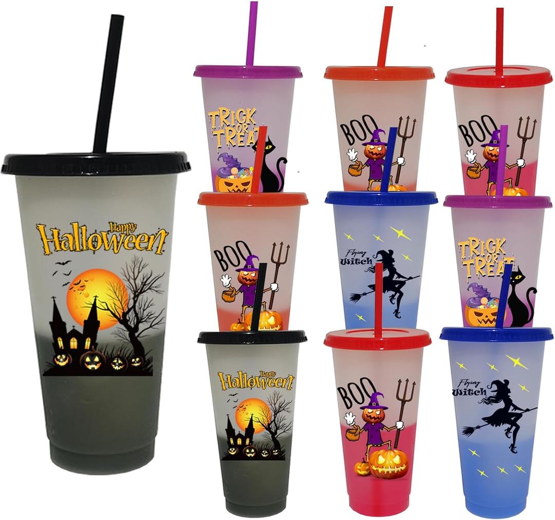 10pack/set Color Changing Halloween Cups With Lids and Straws - 24oz (710ml) Plastic Tumblers, Reusable Cup for Indoor Decorations, Trick or Treat, Christmas Party Favors