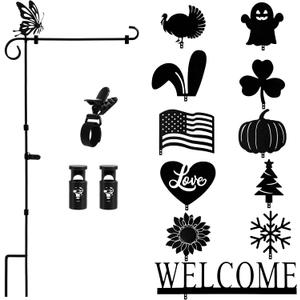 Garden Flag Stand Holder with 12 Interchangeable Seasonal Iron Decorations Yard Flag Holder Weather Proof Metal Powder Coated Flagpole with Clip Spring Stopper for Outdoor Garden Decor