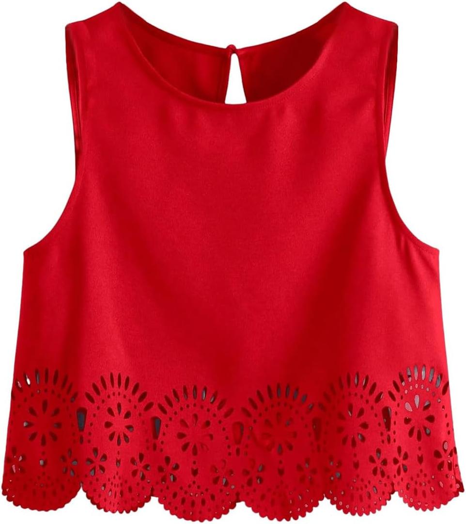 SOLY HUX Women's Summer Tank Tops Hollow Out Scallop Trim Sleeveless Vest Crop Top (Pure Red), Large