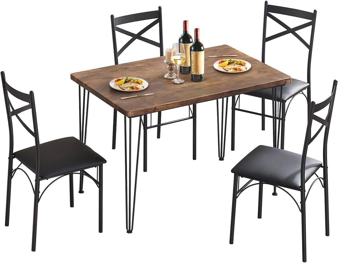 VECELO Dining Table Set for 4, Kitchen Table Set with 4 Chairs for Small Space, Space-Saving and Modern Design, Apartment, Easy to Assemble, Brown, 5-Piece Set