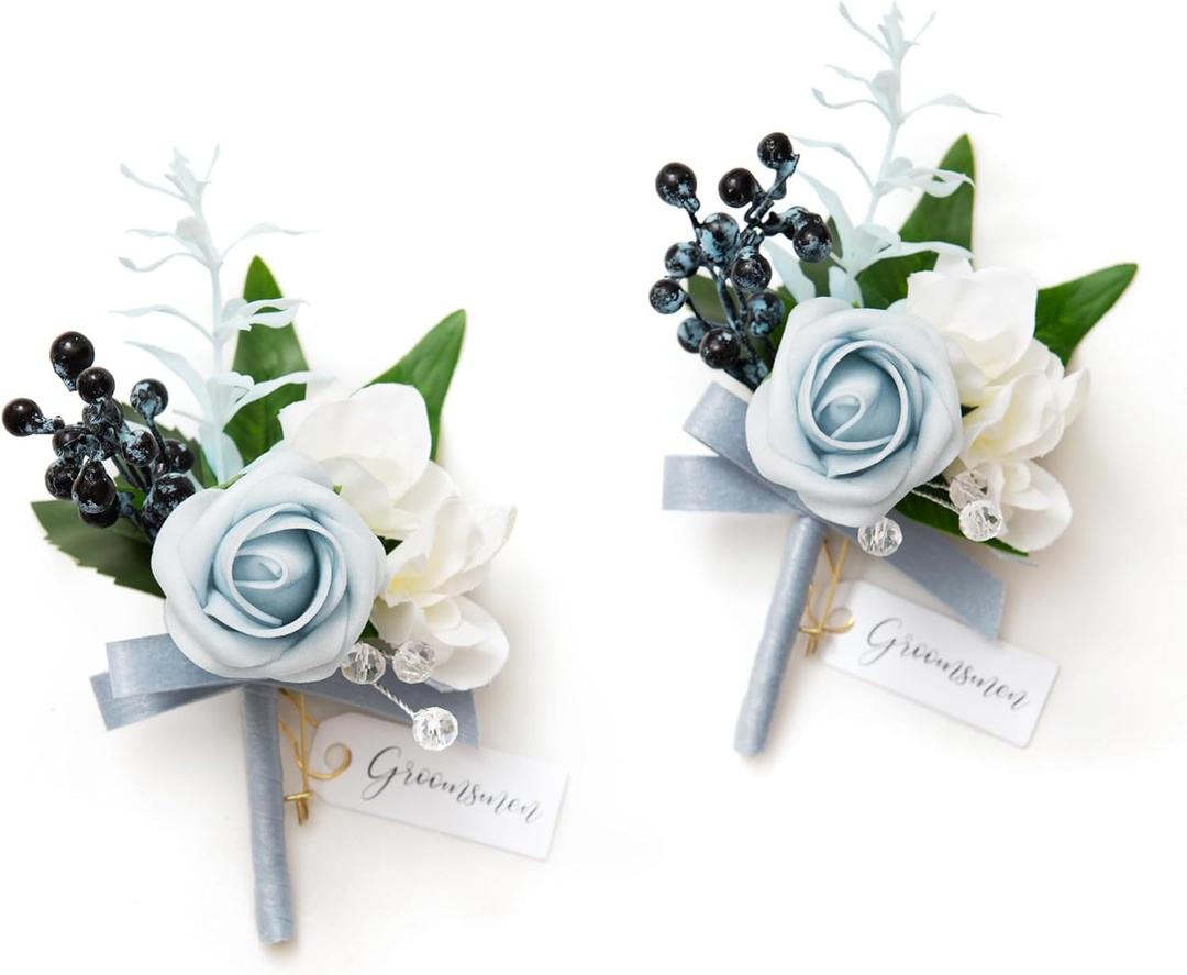 Ling's moment Boutonniere for Men, 2pcs Groom Groomsmen Guest Boutonniere, Artificial Flowers for Wedding/Prom/Homecoming, etc.Light Blue White