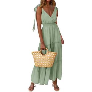 PRETTYGARDEN Women's Cross Neck Summer Sleeveless Tiered Maxi Dress Beach Tie Strap Smocked Long Dresses Pleated Sundress, L