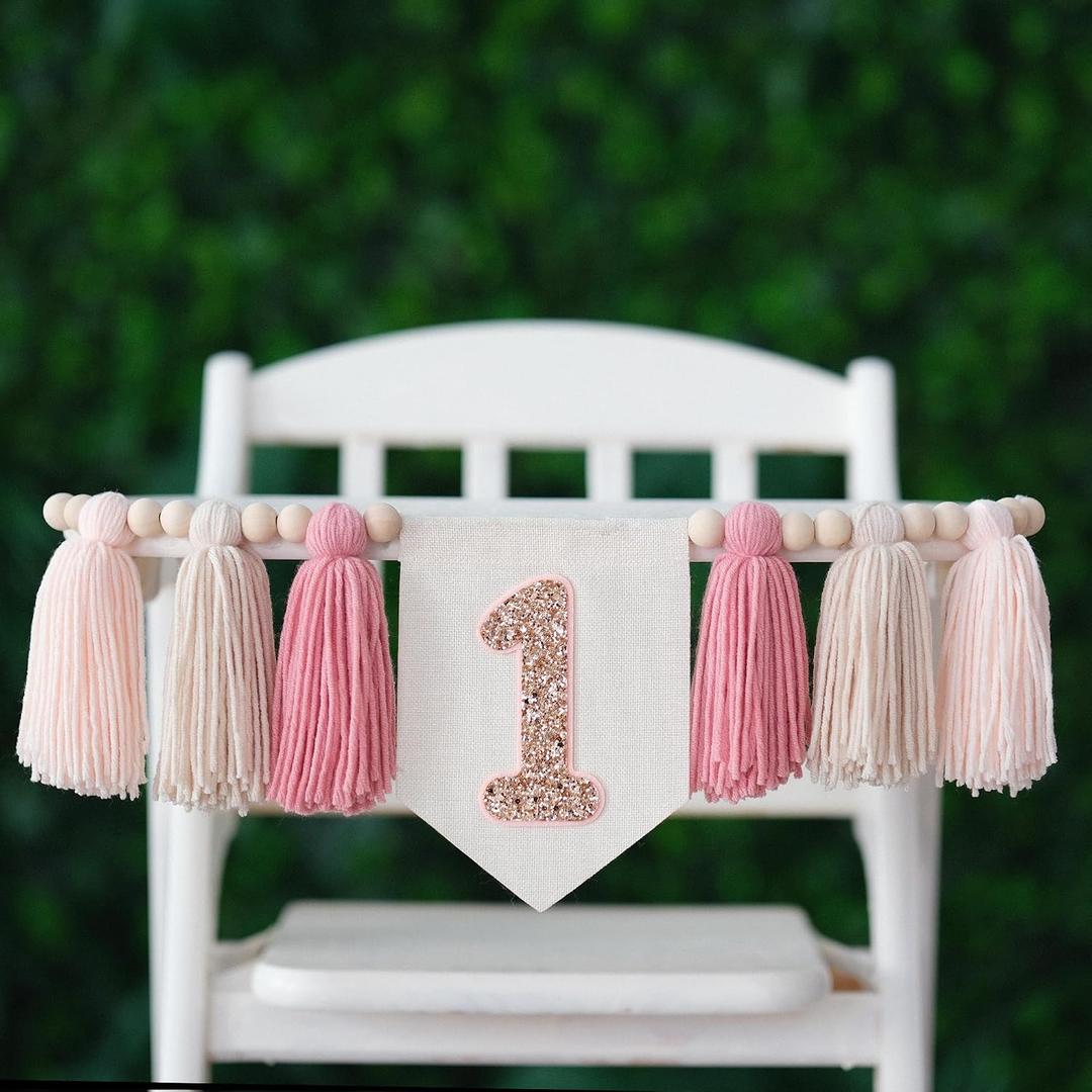 Handmade Boho Pink One High Chair Banner Girl for First Birthday Decorations Wall Hangings Wood Bead Tassel Garland 1st Party Decorations Cake Smash Photo Props