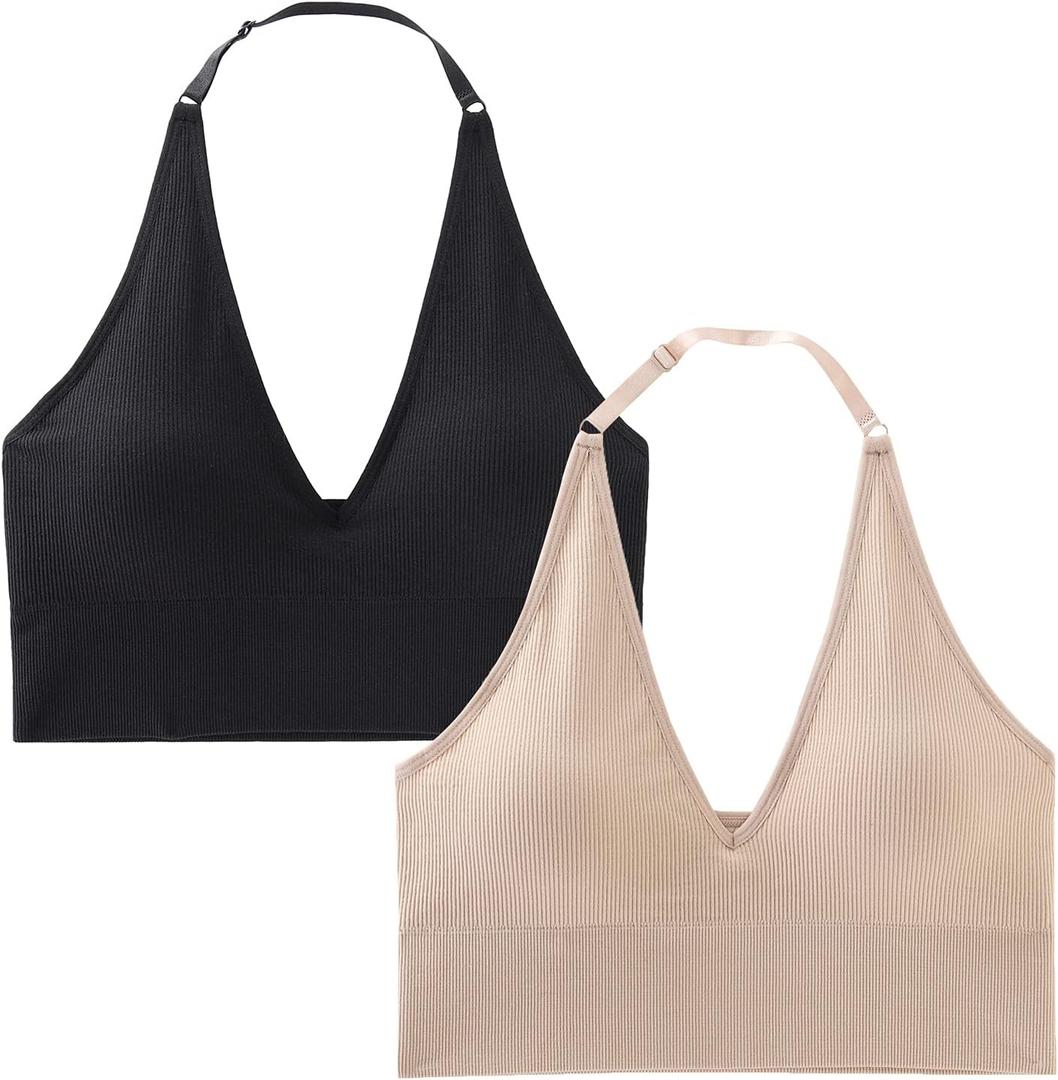 INIBUD Halter Bra for Women Longline Sports Bra Wireless Seamless Padded Backless Bralette with Adjustable Strap (Medium, Black&beige)