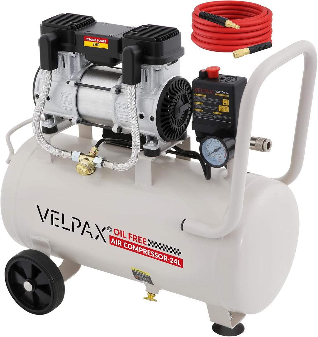 Ultra Quiet Air Compressor, Only 60dB, 6.4 Gallon Tank, Oil-Free, 110V/60Hz 2HP, 6.71CFM@115PSI, Air Compressor Perfect for Spray Painting, Auto Repair, Tire inflation, Woodwork nailing